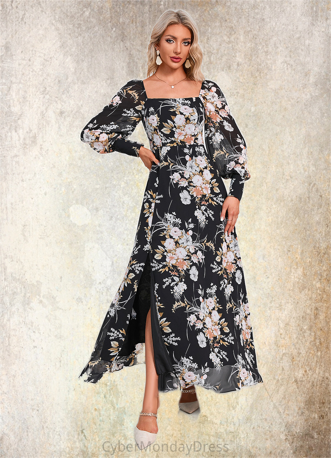 Josie Floral Print Off the Shoulder Elegant A-line Chiffon Maxi Dresses DTP0022515