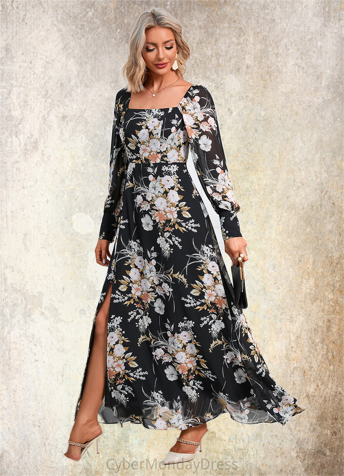 Josie Floral Print Off the Shoulder Elegant A-line Chiffon Maxi Dresses DTP0022515