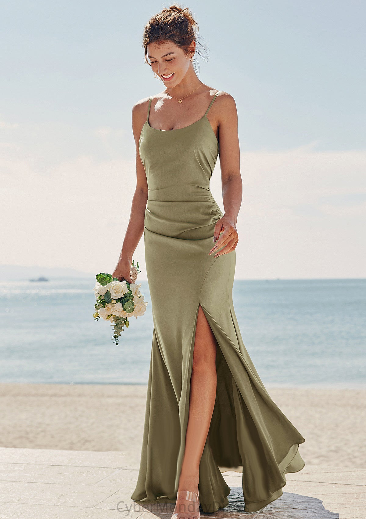 Trumpet/Mermaid Scoop Neck Sleeveless Floor-Length Stretch Satin Bridesmaid Dresses with Pleated Split Yaretzi DTP0025219