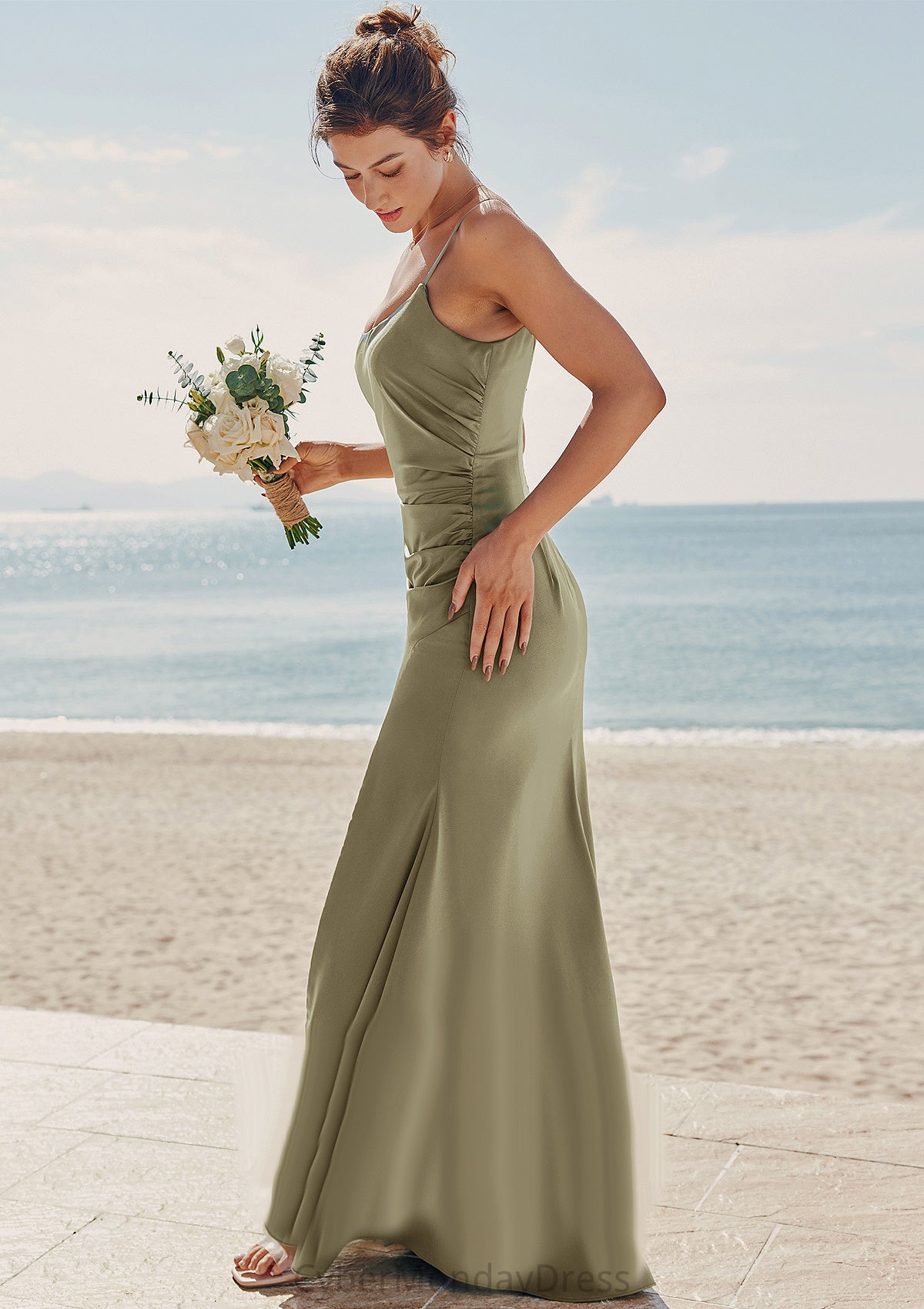 Trumpet/Mermaid Scoop Neck Sleeveless Floor-Length Stretch Satin Bridesmaid Dresses with Pleated Split Yaretzi DTP0025219