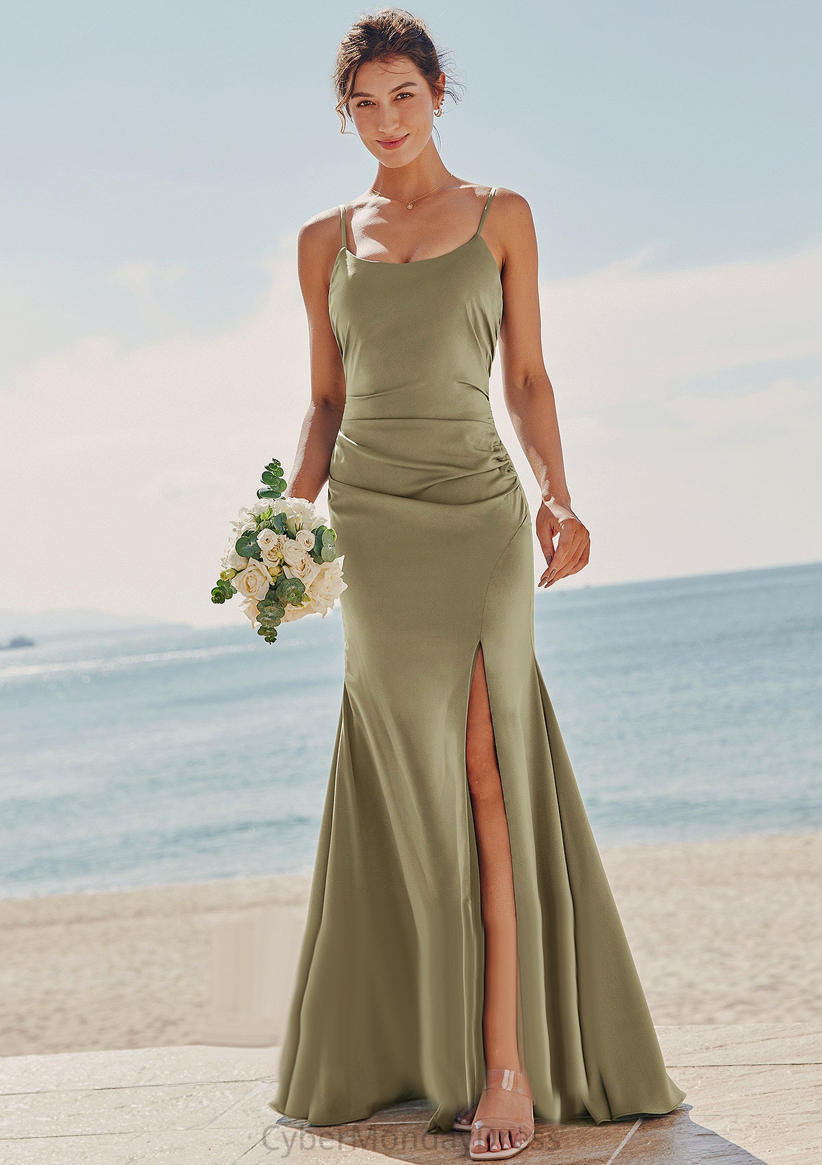 Trumpet/Mermaid Scoop Neck Sleeveless Floor-Length Stretch Satin Bridesmaid Dresses with Pleated Split Yaretzi DTP0025219