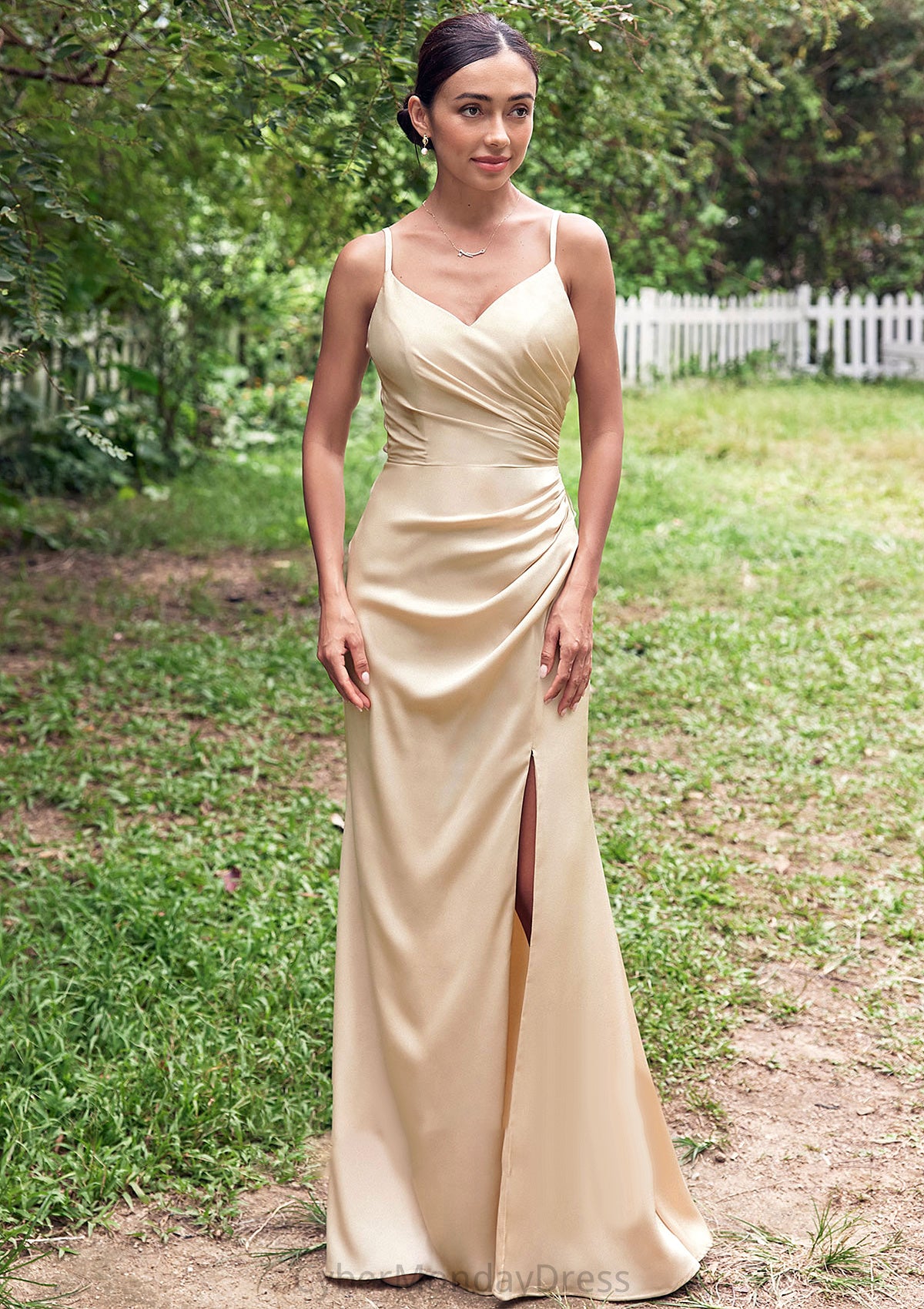 Sheath/Column V Neck Sleeveless Floor-Length Stretch Satin Bridesmaid Dresses with Pleated Split Shania DTP0025222