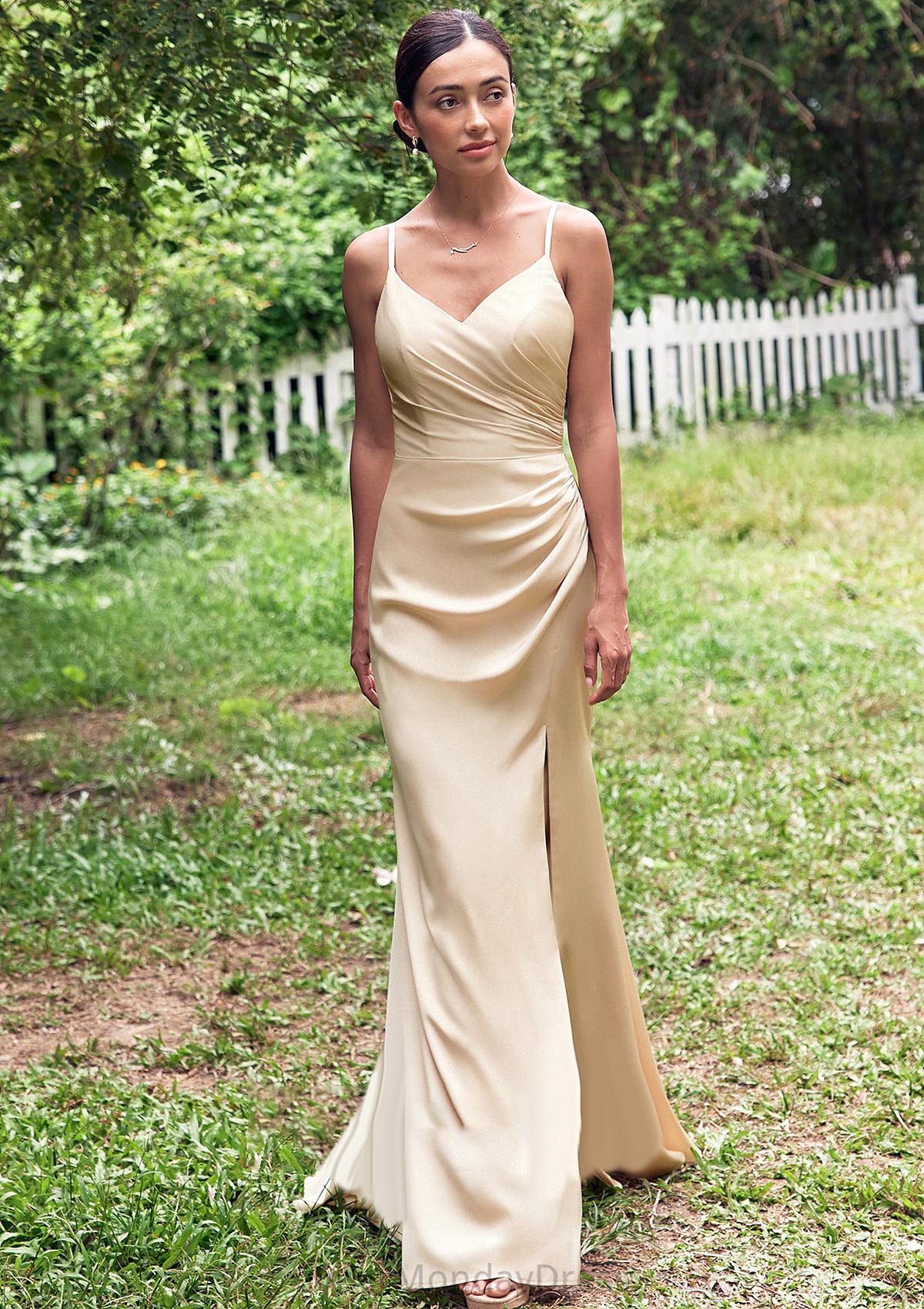 Sheath/Column V Neck Sleeveless Floor-Length Stretch Satin Bridesmaid Dresses with Pleated Split Shania DTP0025222