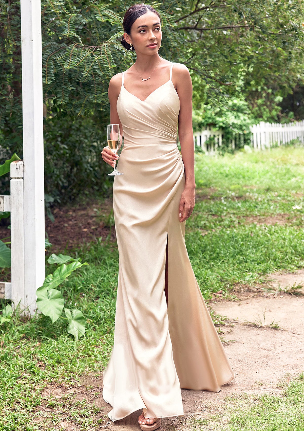 Sheath/Column V Neck Sleeveless Floor-Length Stretch Satin Bridesmaid Dresses with Pleated Split Shania DTP0025222