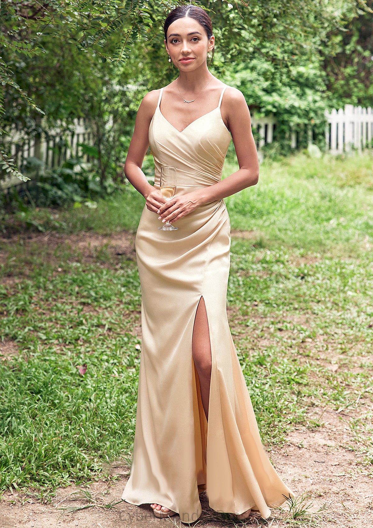 Sheath/Column V Neck Sleeveless Floor-Length Stretch Satin Bridesmaid Dresses with Pleated Split Shania DTP0025222