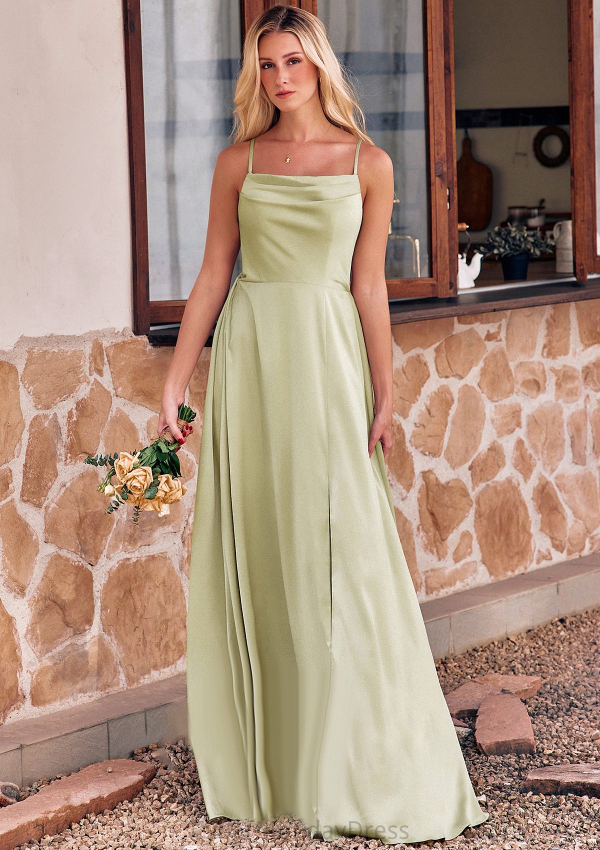 A-line Square Neckline Sleeveless Floor-Length Stretch Satin Bridesmaid Dresses with Bowknot Split Arabella DTP0025223