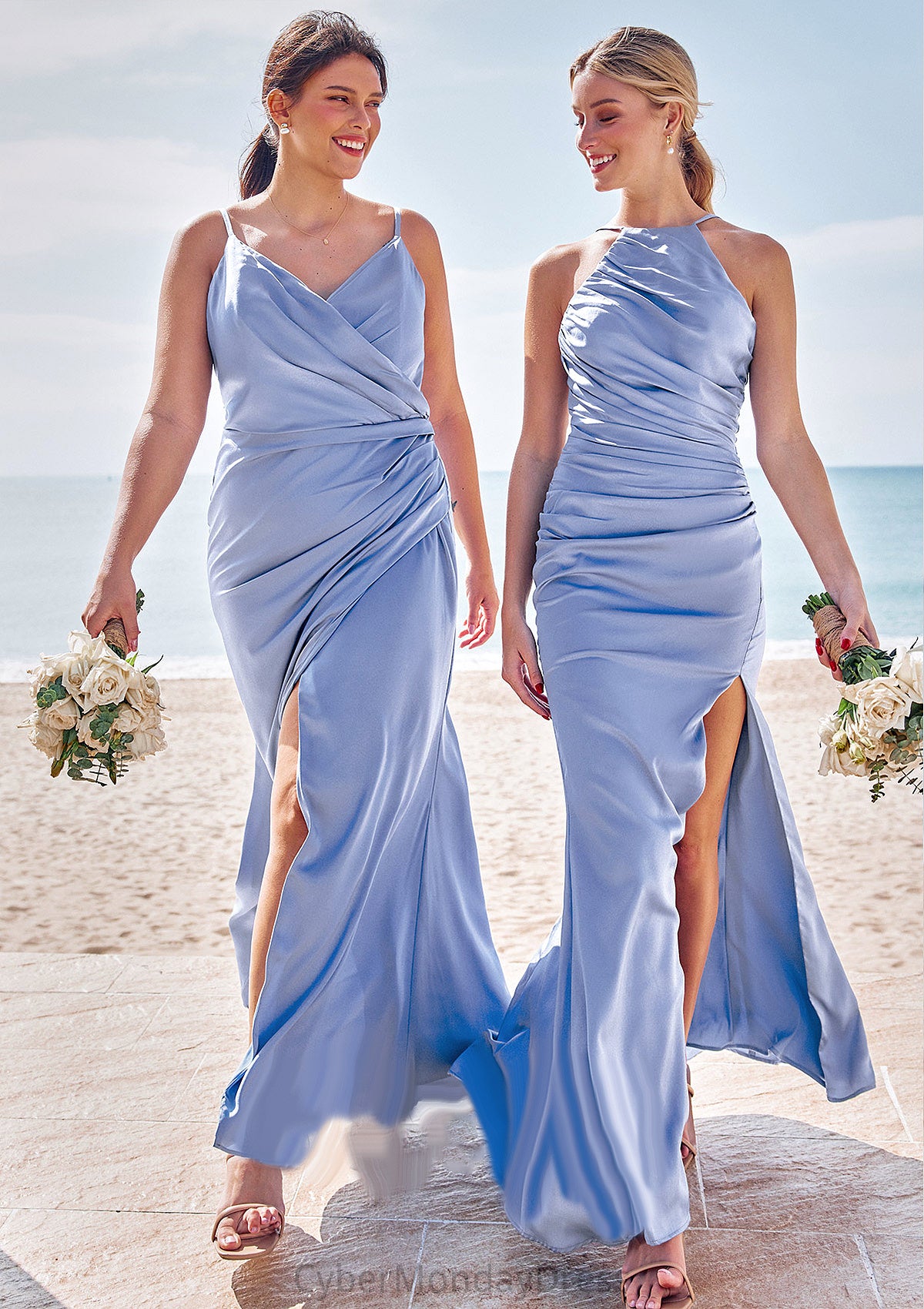 Sheath/Column Halter Sleeveless Floor-Length Stretch Satin Bridesmaid Dresses with Pleated Split Alivia DTP0025224