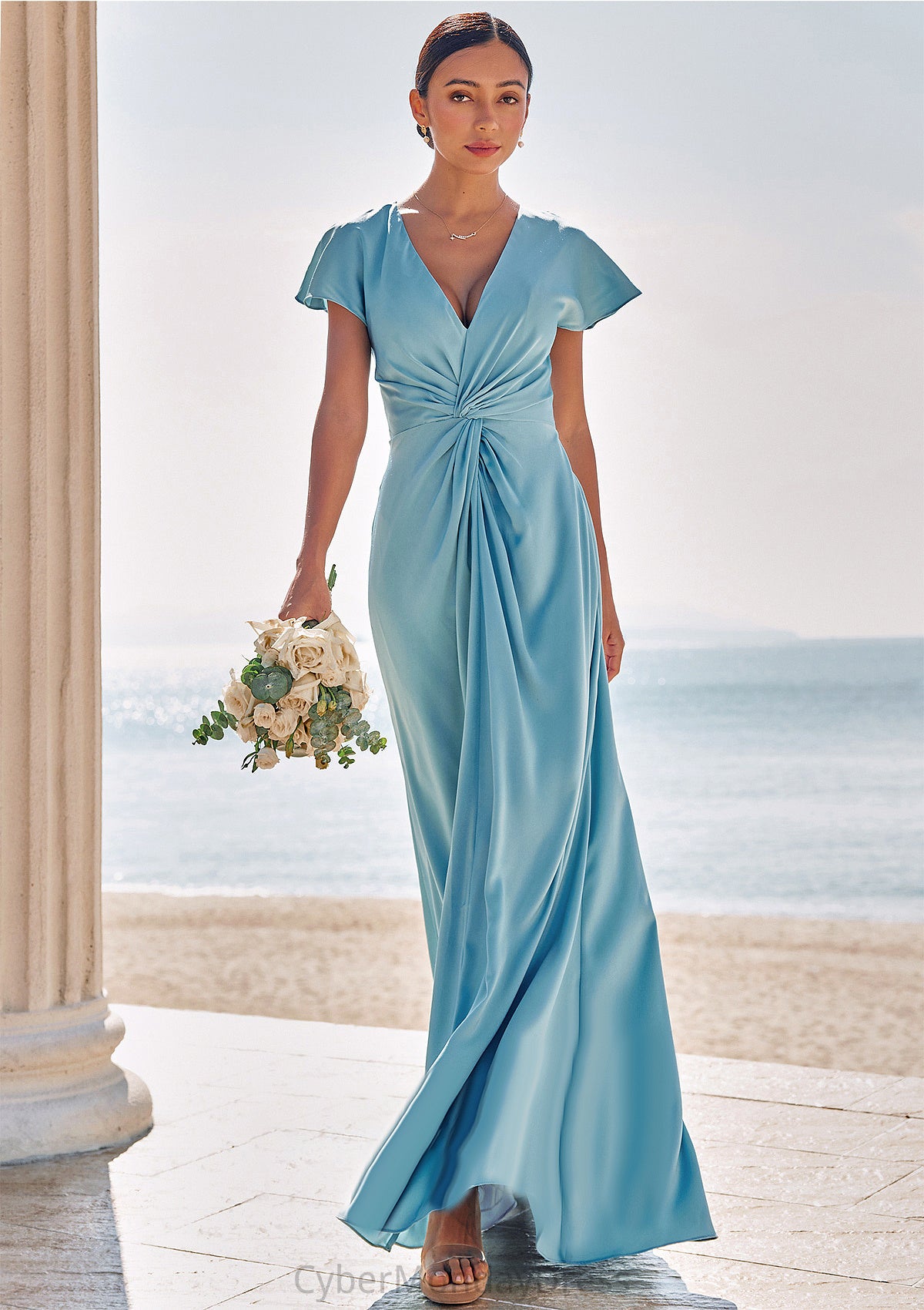 Sheath/Column V Neck Short Sleeve Floor-Length Stretch Satin Bridesmaid Dresses with Pleated Kiana DTP0025225