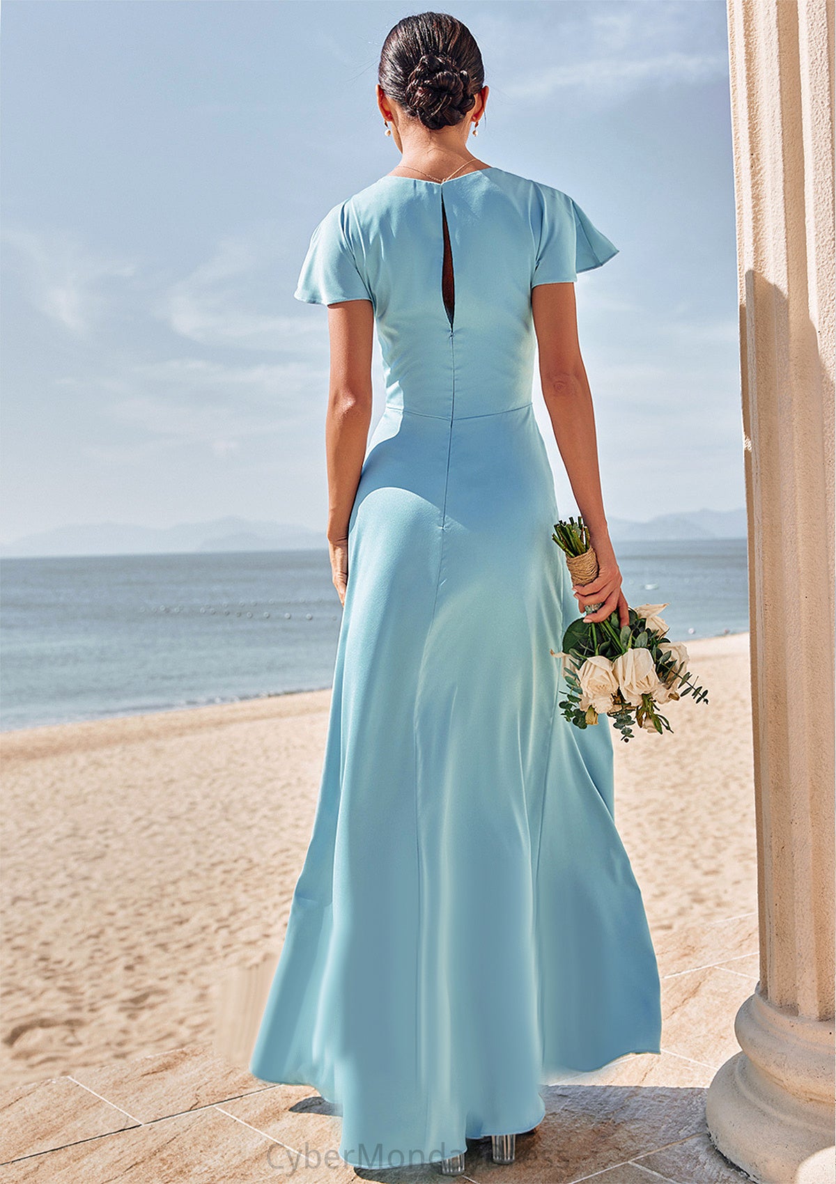 Sheath/Column V Neck Short Sleeve Floor-Length Stretch Satin Bridesmaid Dresses with Pleated Kiana DTP0025225