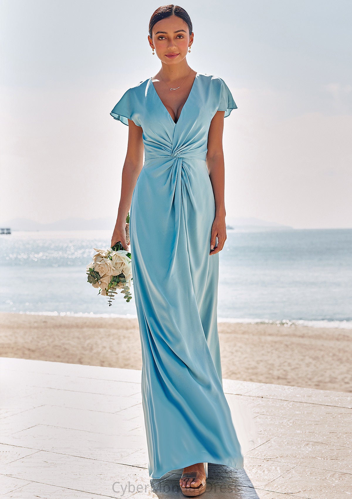 Sheath/Column V Neck Short Sleeve Floor-Length Stretch Satin Bridesmaid Dresses with Pleated Kiana DTP0025225