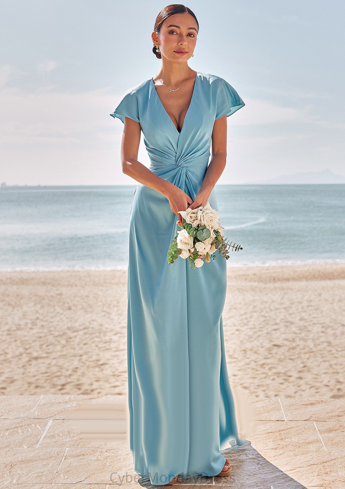 Sheath/Column V Neck Short Sleeve Floor-Length Stretch Satin Bridesmaid Dresses with Pleated Kiana DTP0025225