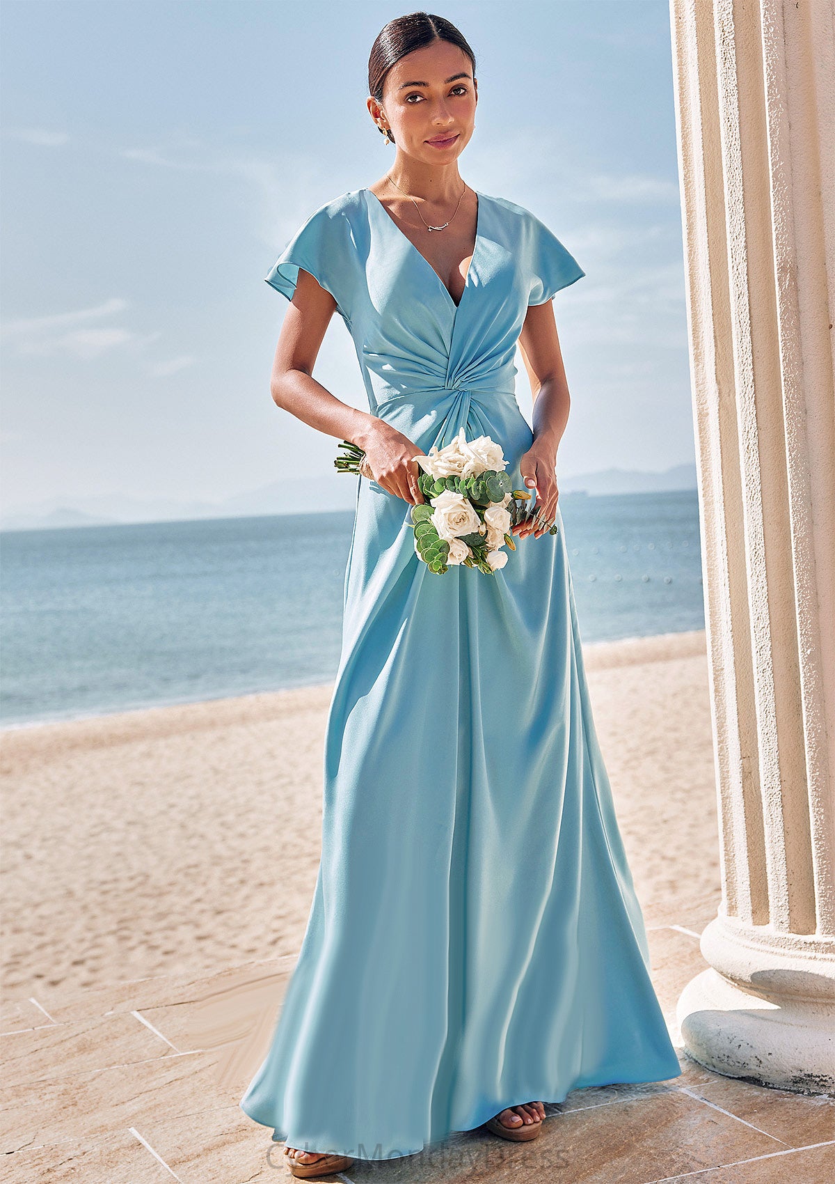 Sheath/Column V Neck Short Sleeve Floor-Length Stretch Satin Bridesmaid Dresses with Pleated Kiana DTP0025225