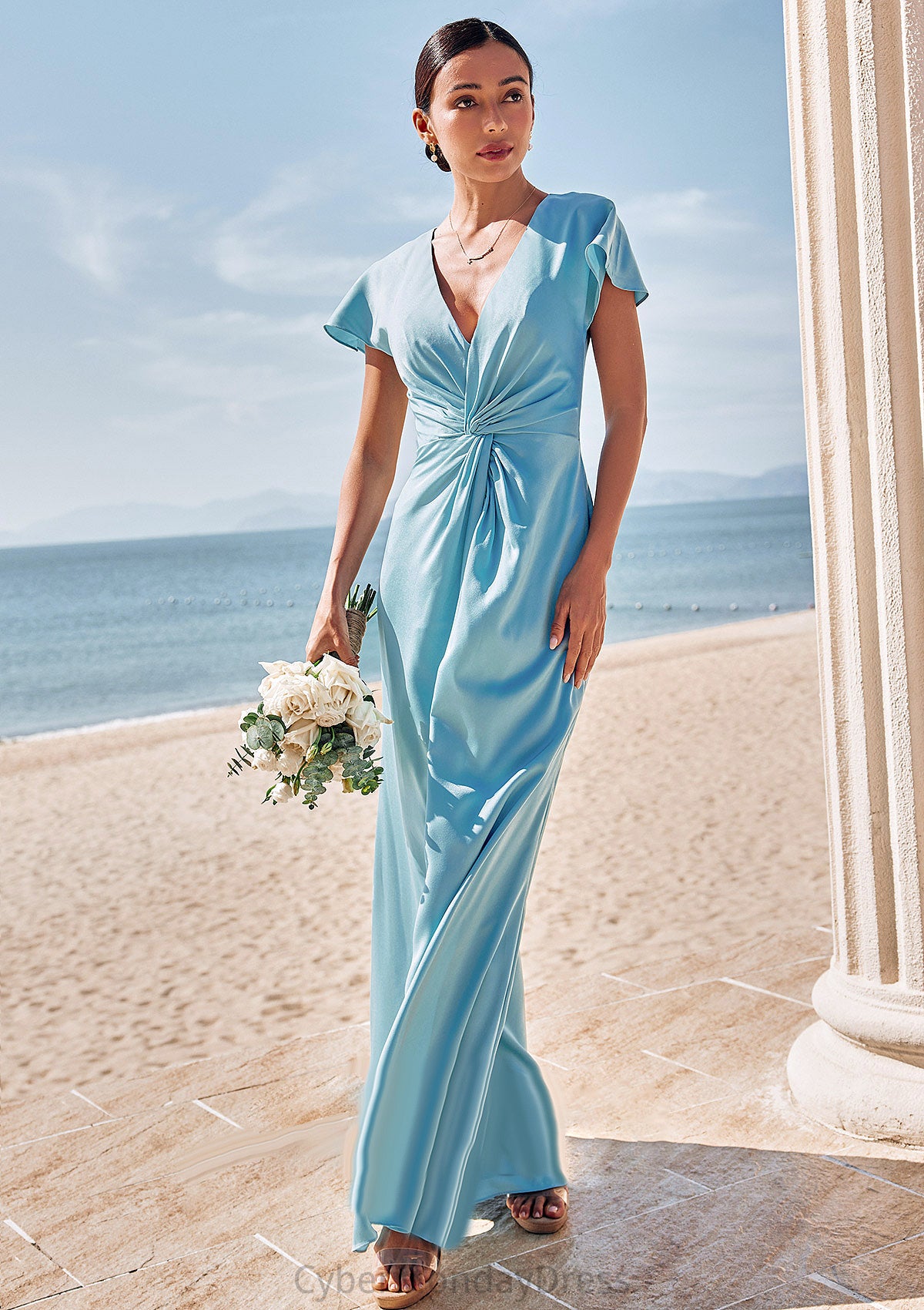 Sheath/Column V Neck Short Sleeve Floor-Length Stretch Satin Bridesmaid Dresses with Pleated Kiana DTP0025225