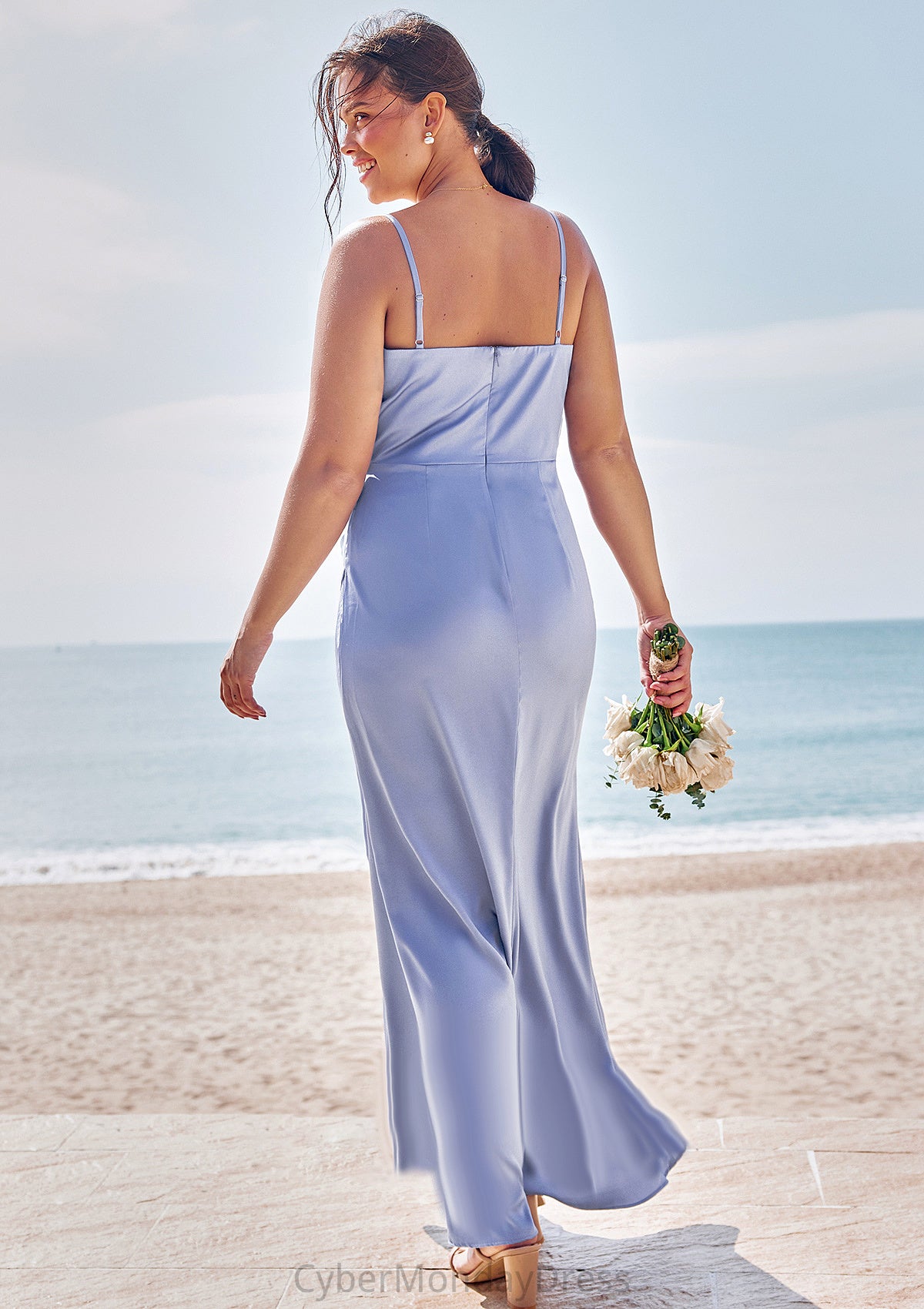 Sheath/Column V Neck Sleeveless Floor-Length Stretch Satin Bridesmaid Dresses with Pleated Split Skye DTP0025227