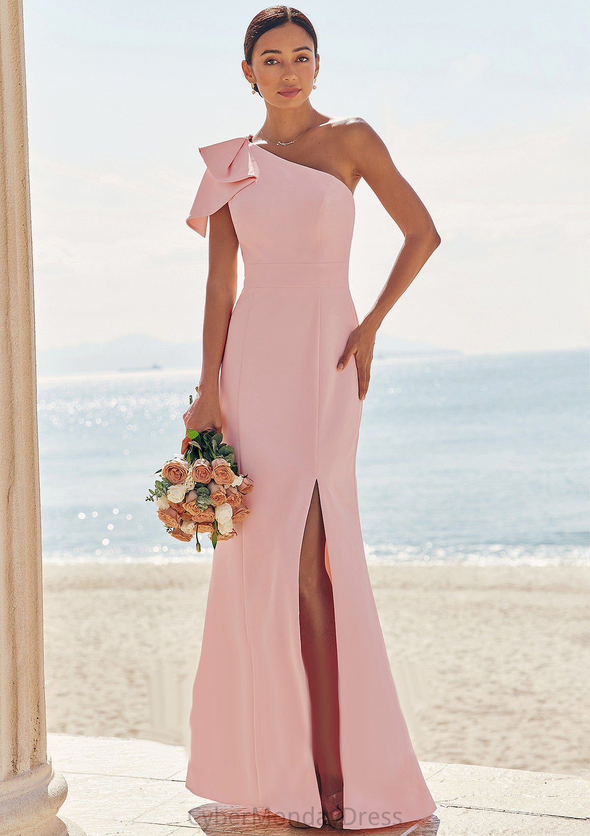 Sheath/Column One-Shoulder Sleeveless Floor-Length Stretch Crepe Bridesmaid Dresses with Bowknot Split Noemi DTP0025230