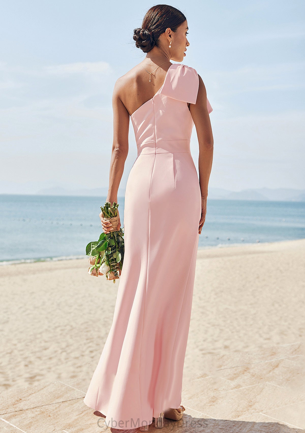 Sheath/Column One-Shoulder Sleeveless Floor-Length Stretch Crepe Bridesmaid Dresses with Bowknot Split Noemi DTP0025230