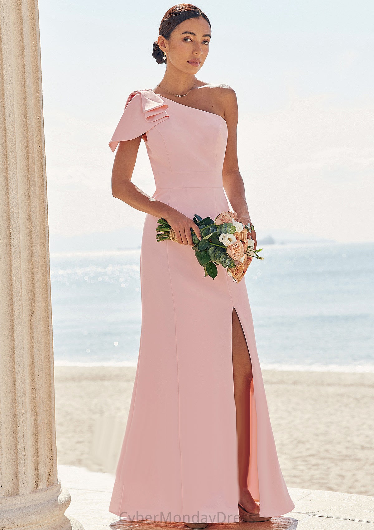 Sheath/Column One-Shoulder Sleeveless Floor-Length Stretch Crepe Bridesmaid Dresses with Bowknot Split Noemi DTP0025230