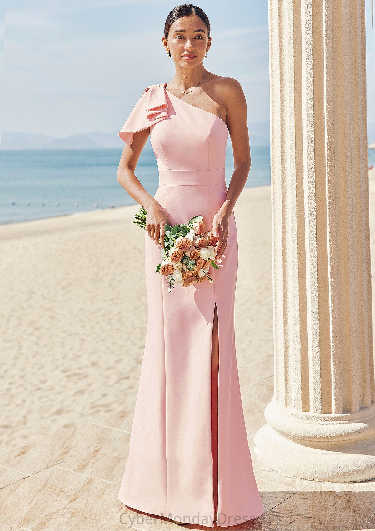 Sheath/Column One-Shoulder Sleeveless Floor-Length Stretch Crepe Bridesmaid Dresses with Bowknot Split Noemi DTP0025230