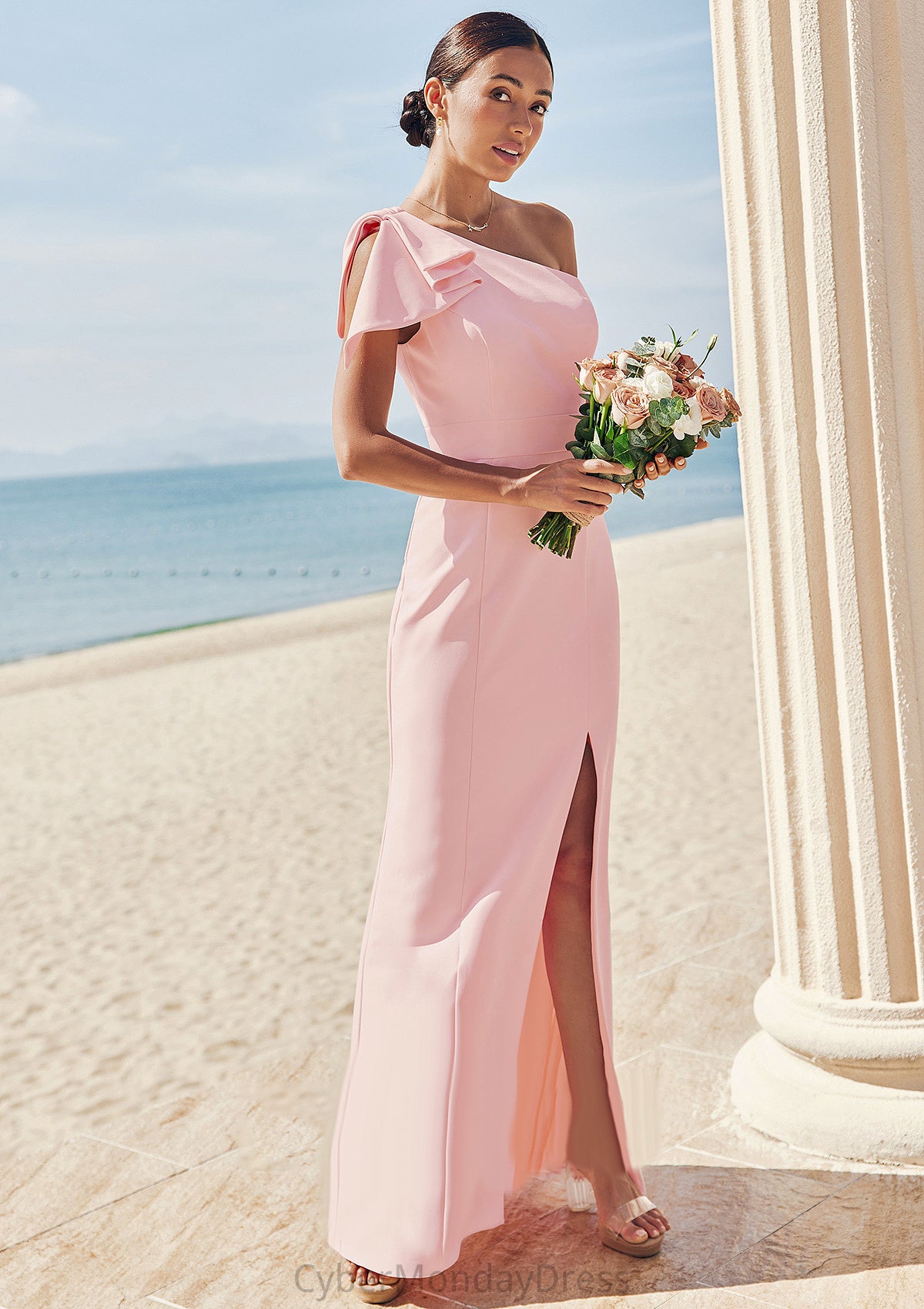 Sheath/Column One-Shoulder Sleeveless Floor-Length Stretch Crepe Bridesmaid Dresses with Bowknot Split Noemi DTP0025230