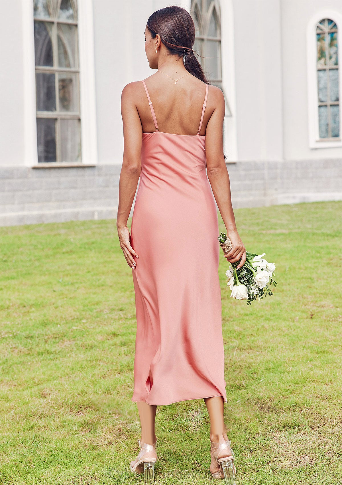 Sheath/Column Cowl Neck Sleeveless Tea-Length Stretch Satin Bridesmaid Dresses Paityn DTP0025232