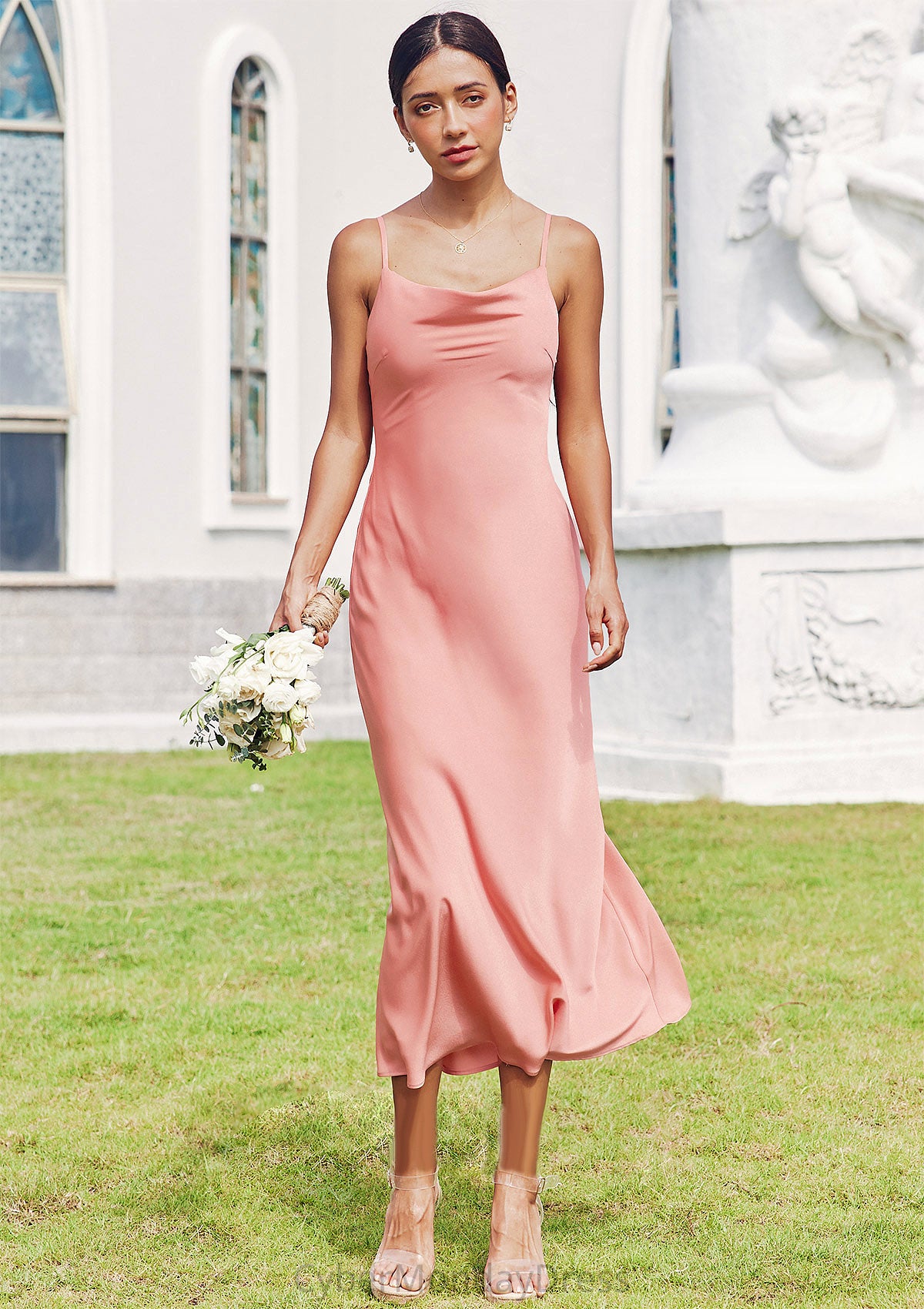 Sheath/Column Cowl Neck Sleeveless Tea-Length Stretch Satin Bridesmaid Dresses Paityn DTP0025232