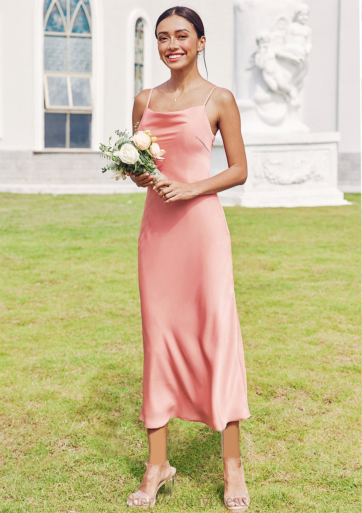 Sheath/Column Cowl Neck Sleeveless Tea-Length Stretch Satin Bridesmaid Dresses Paityn DTP0025232