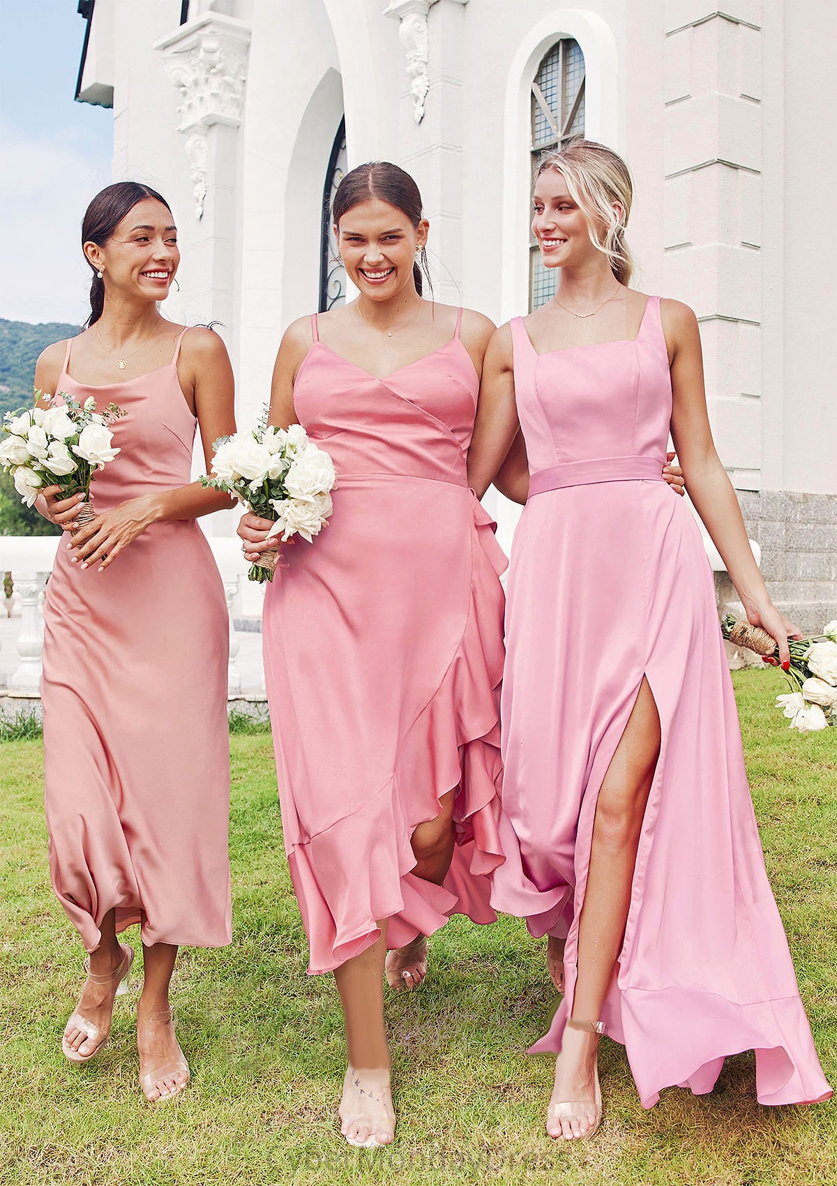 Sheath/Column Cowl Neck Sleeveless Tea-Length Stretch Satin Bridesmaid Dresses Paityn DTP0025232