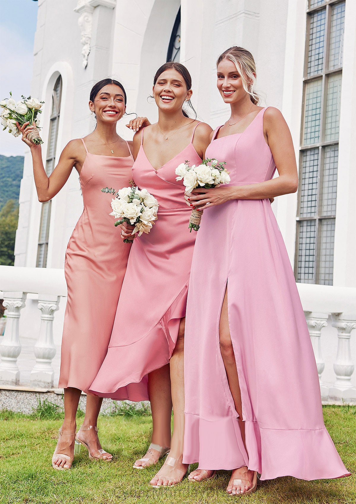 Sheath/Column Cowl Neck Sleeveless Tea-Length Stretch Satin Bridesmaid Dresses Paityn DTP0025232