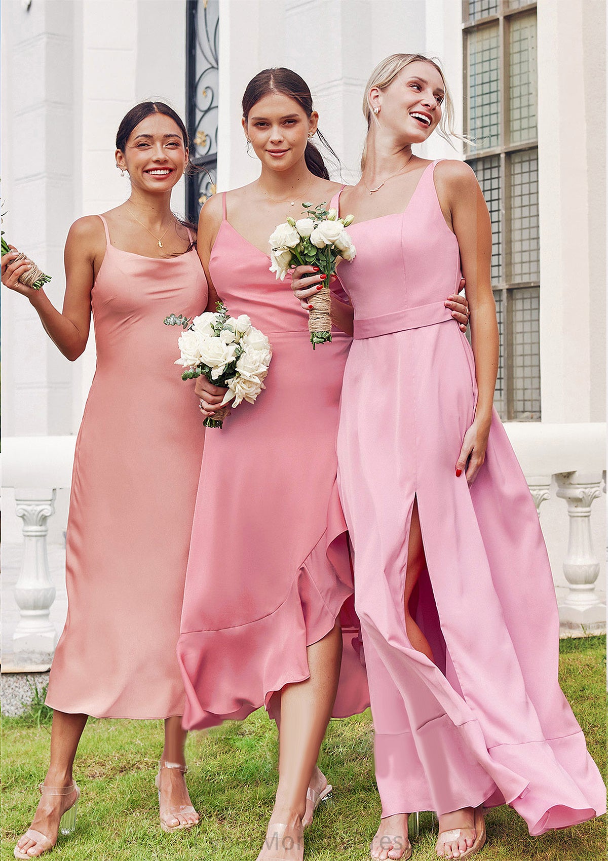 Sheath/Column Cowl Neck Sleeveless Tea-Length Stretch Satin Bridesmaid Dresses Paityn DTP0025232