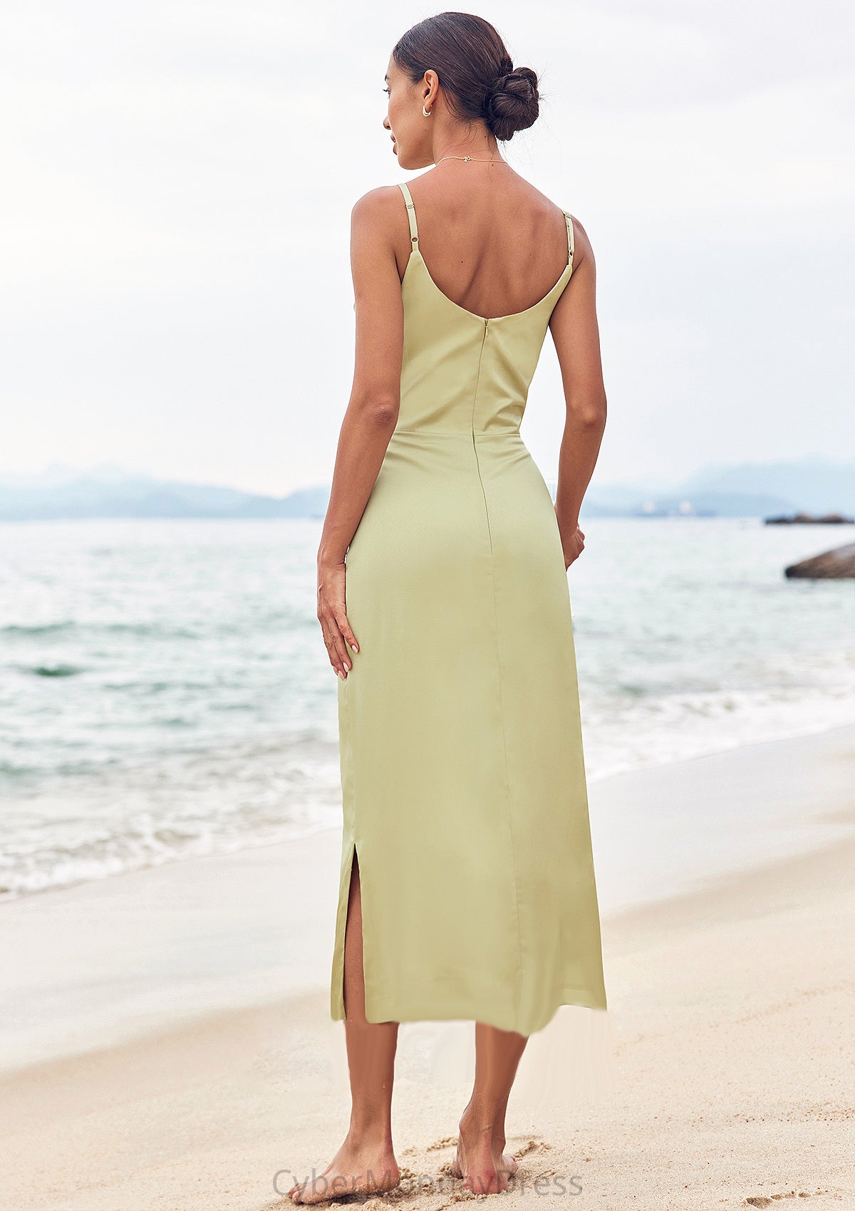 Sheath/Column V Neck Sleeveless Tea-Length Stretch Satin Bridesmaid Dresses with Pleated Split Chloe DTP0025233