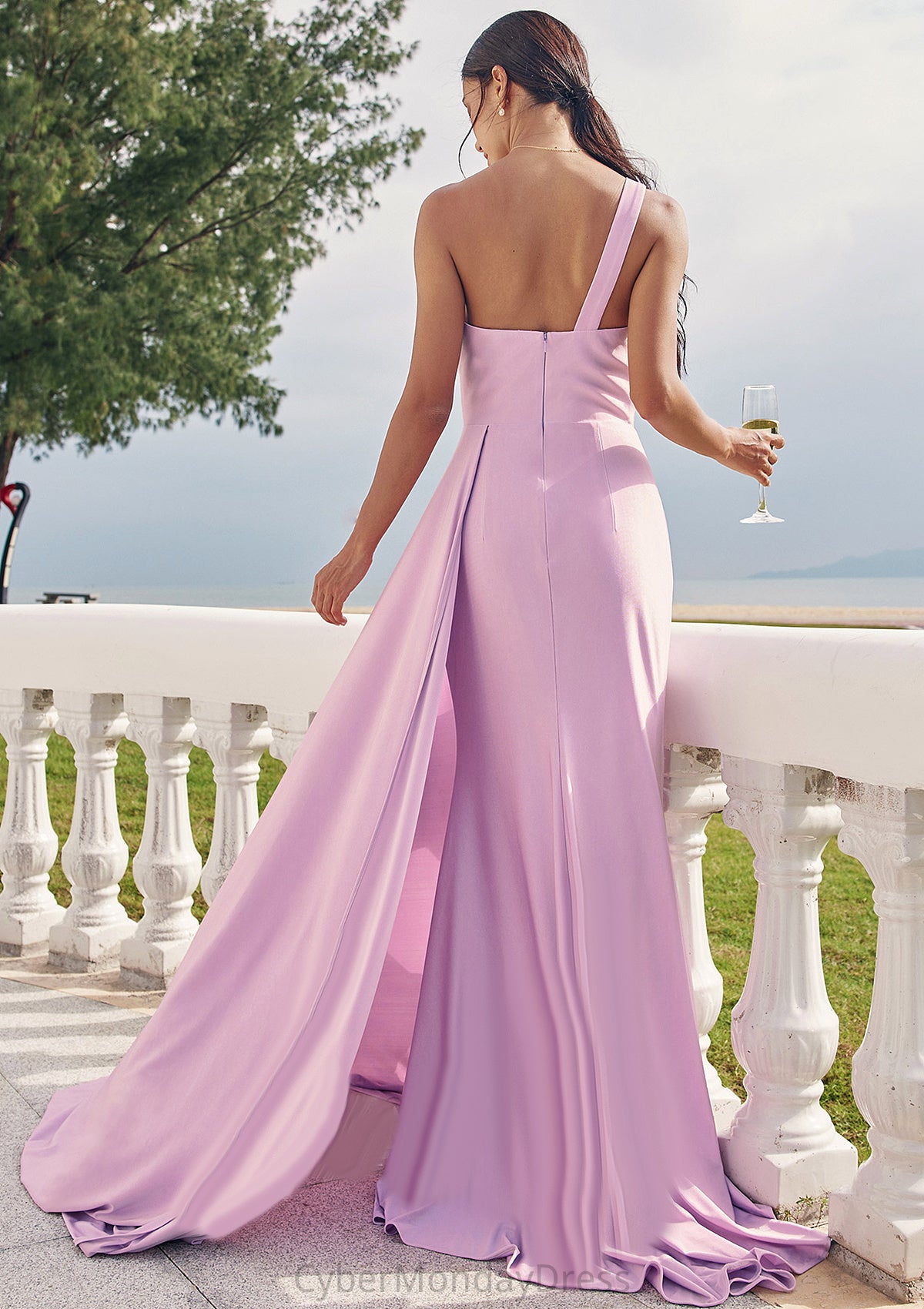 Trumpet/Mermaid One-Shoulder Sleeveless Floor-Length Jersey Bridesmaid Dresses with Pleated Side Draping Emmy DTP0025234