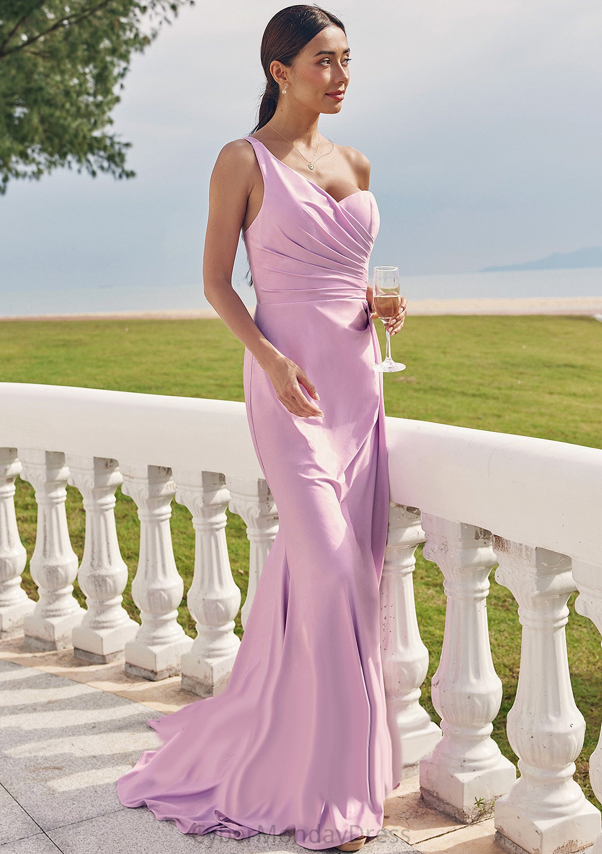 Trumpet/Mermaid One-Shoulder Sleeveless Floor-Length Jersey Bridesmaid Dresses with Pleated Side Draping Emmy DTP0025234