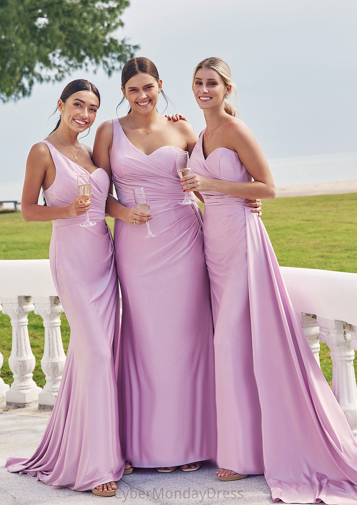 Trumpet/Mermaid One-Shoulder Sleeveless Floor-Length Jersey Bridesmaid Dresses with Pleated Side Draping Emmy DTP0025234