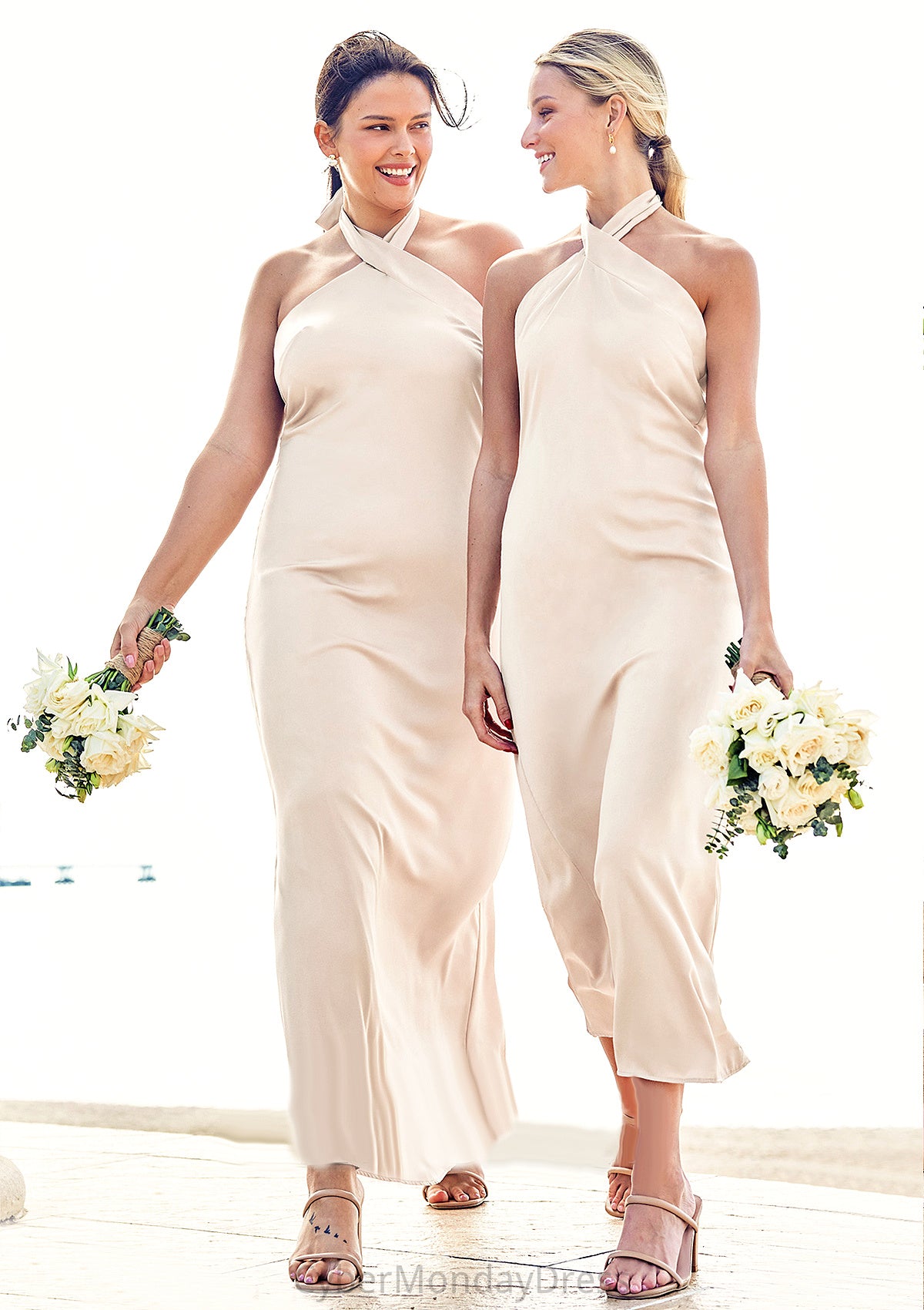 Sheath/Column Halter Sleeveless Ankle-Length Stretch Satin Bridesmaid Dresses with Bowknot Yadira DTP0025236