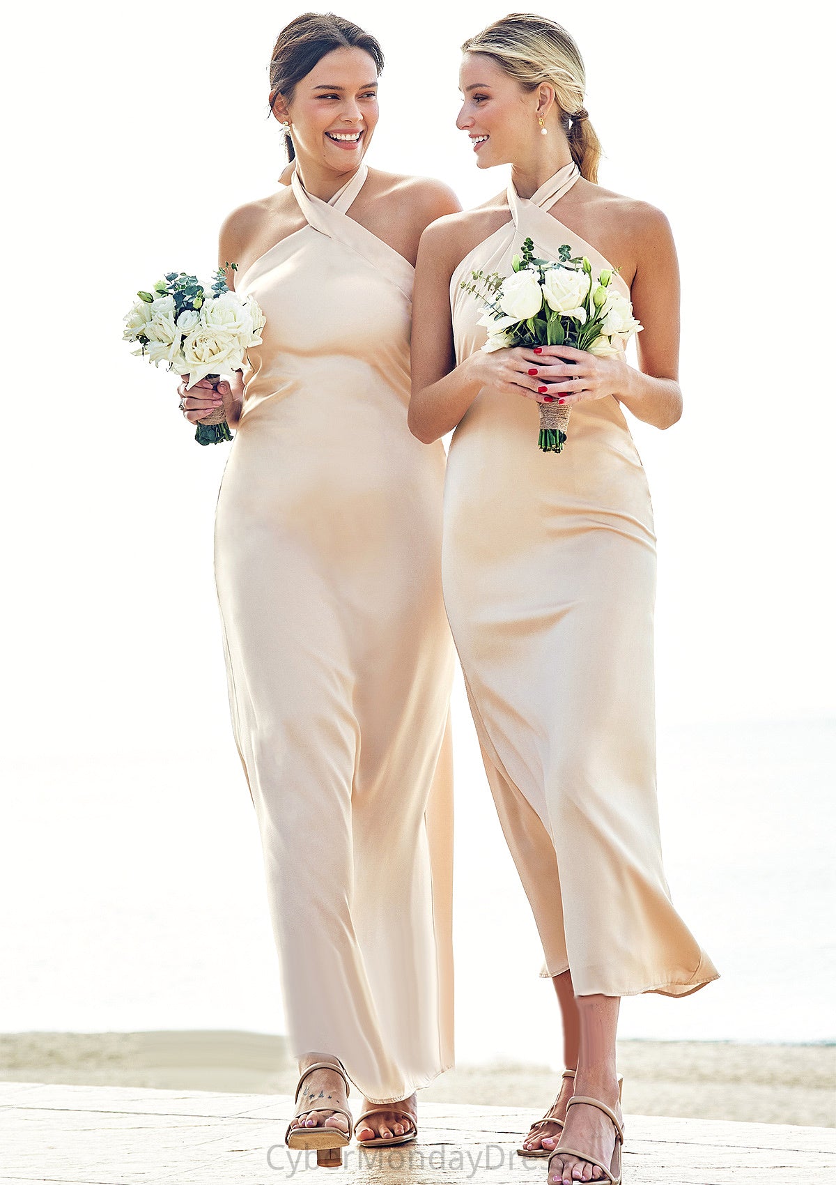 Sheath/Column Halter Sleeveless Ankle-Length Stretch Satin Bridesmaid Dresses with Bowknot Yadira DTP0025236