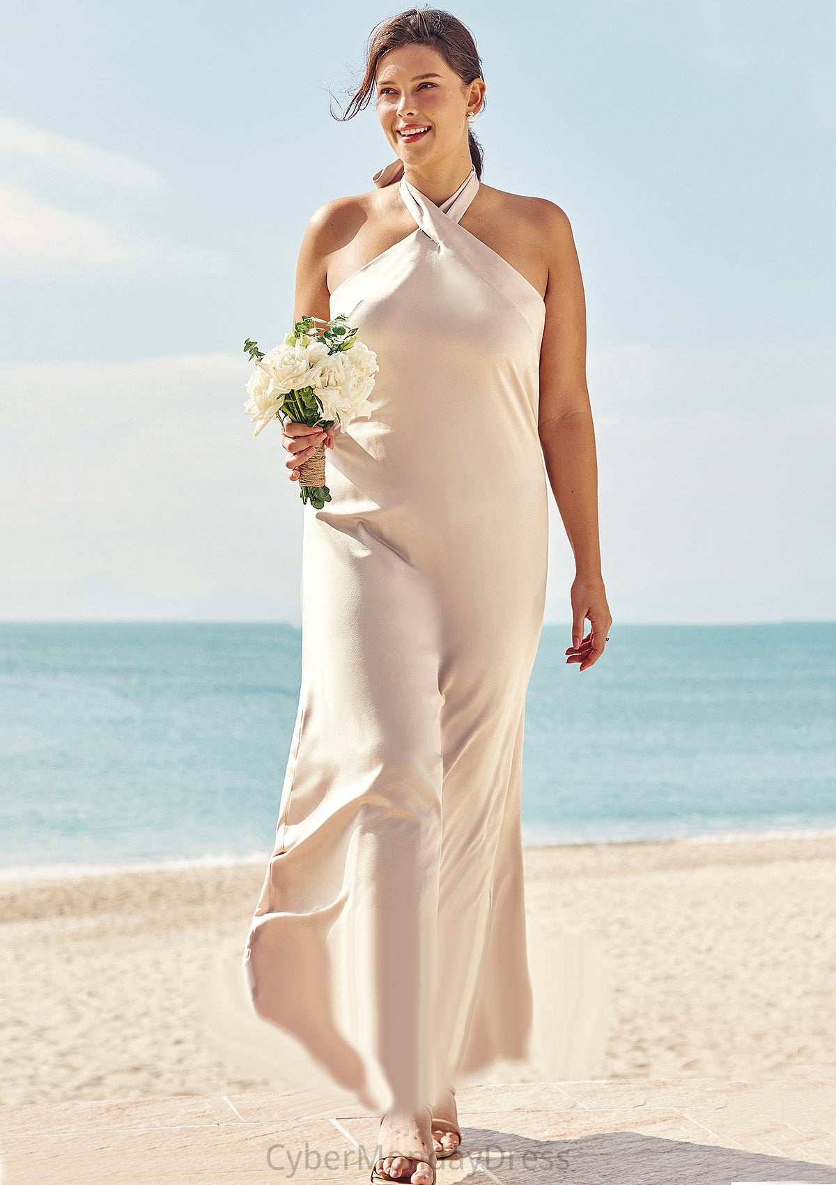 Sheath/Column Halter Sleeveless Ankle-Length Stretch Satin Plus Size Bridesmaid Dresses with Bowknot Carly DTP0025237