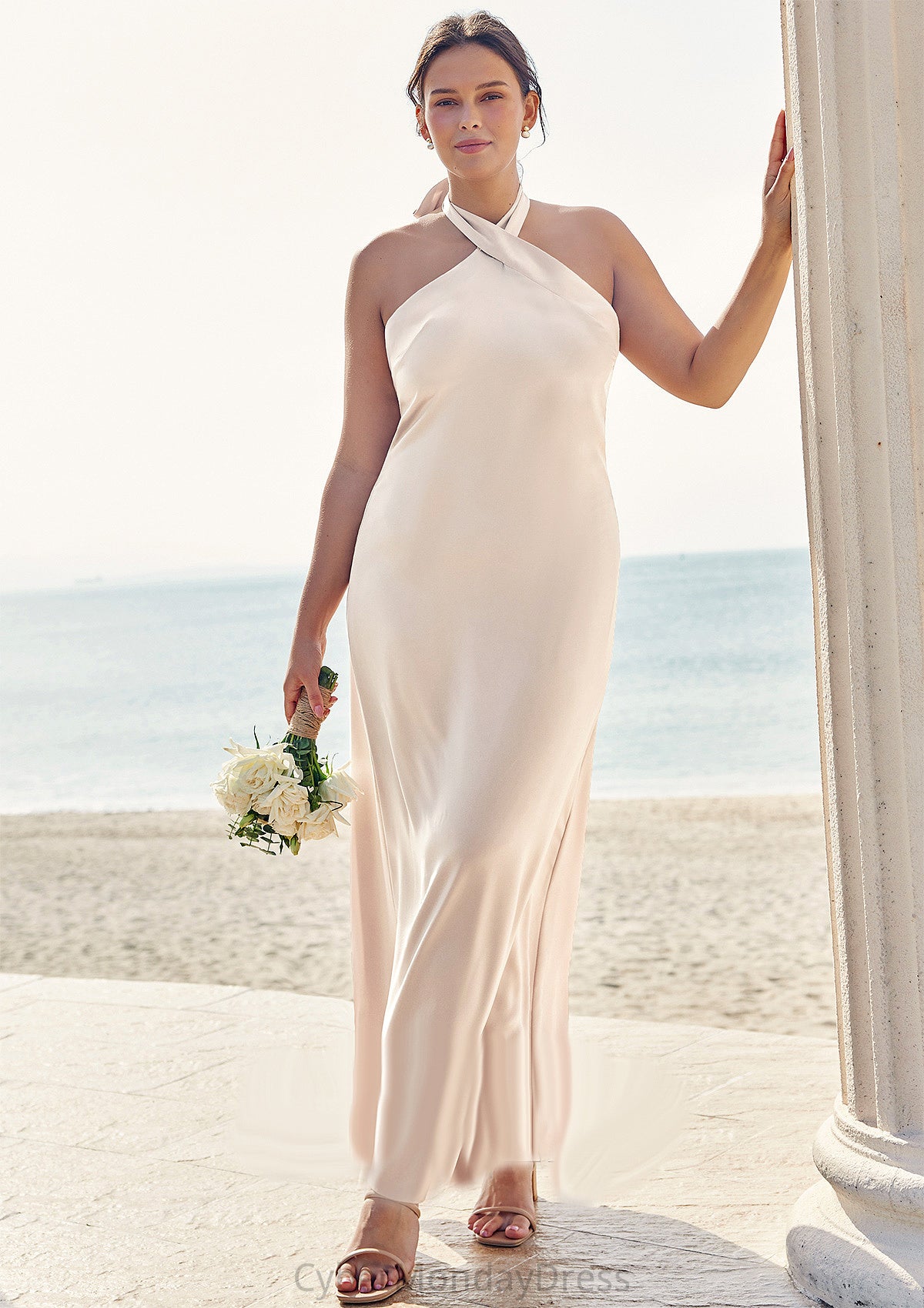 Sheath/Column Halter Sleeveless Ankle-Length Stretch Satin Plus Size Bridesmaid Dresses with Bowknot Carly DTP0025237