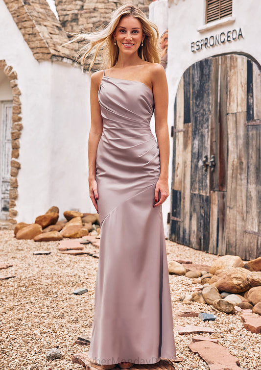 Sheath/Column One-Shoulder Sleeveless Floor-Length Stretch Satin Bridesmaid Dresses with Pleated Mireya DTP0025238