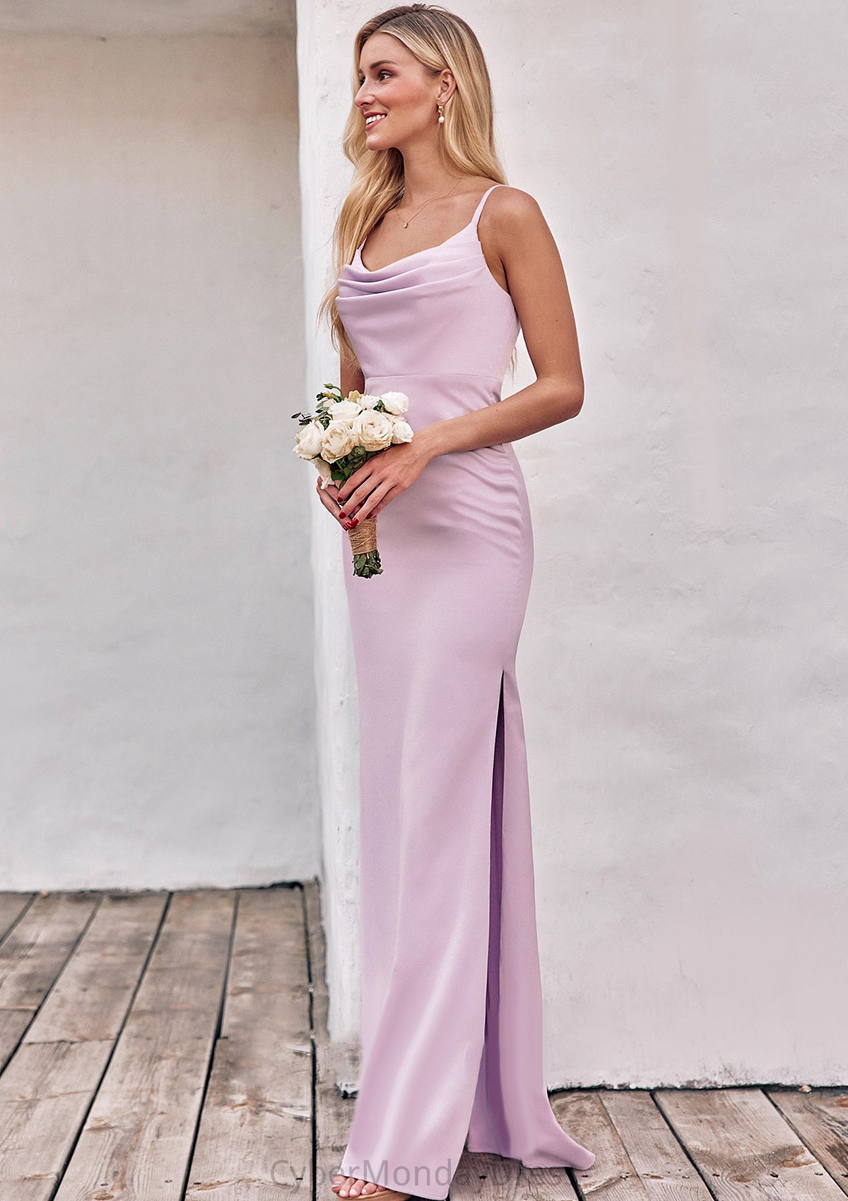 Sheath/Column Cowl Neck Sleeveless Floor-Length Stretch Satin Bridesmaid Dresses with Pleated Split Cassidy DTP0025242