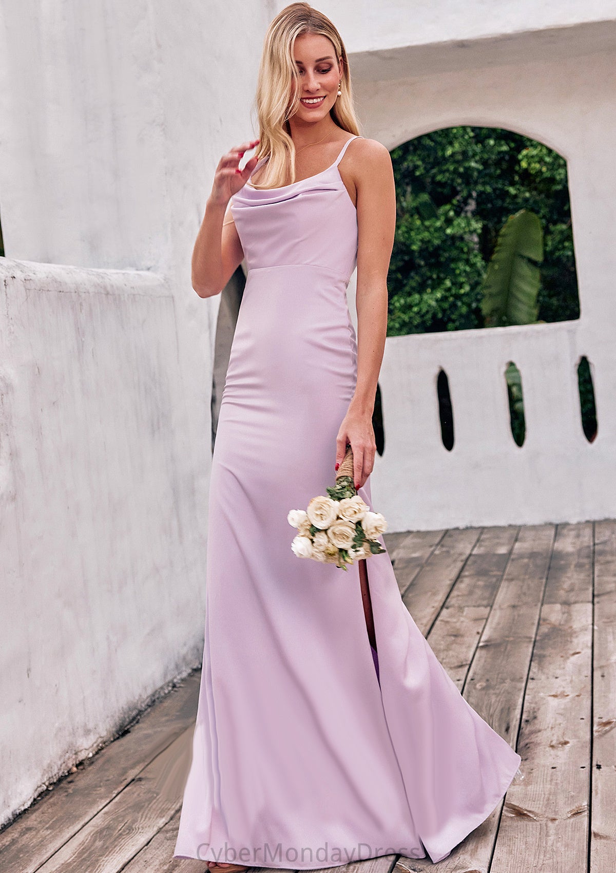 Sheath/Column Cowl Neck Sleeveless Floor-Length Stretch Satin Bridesmaid Dresses with Pleated Split Cassidy DTP0025242