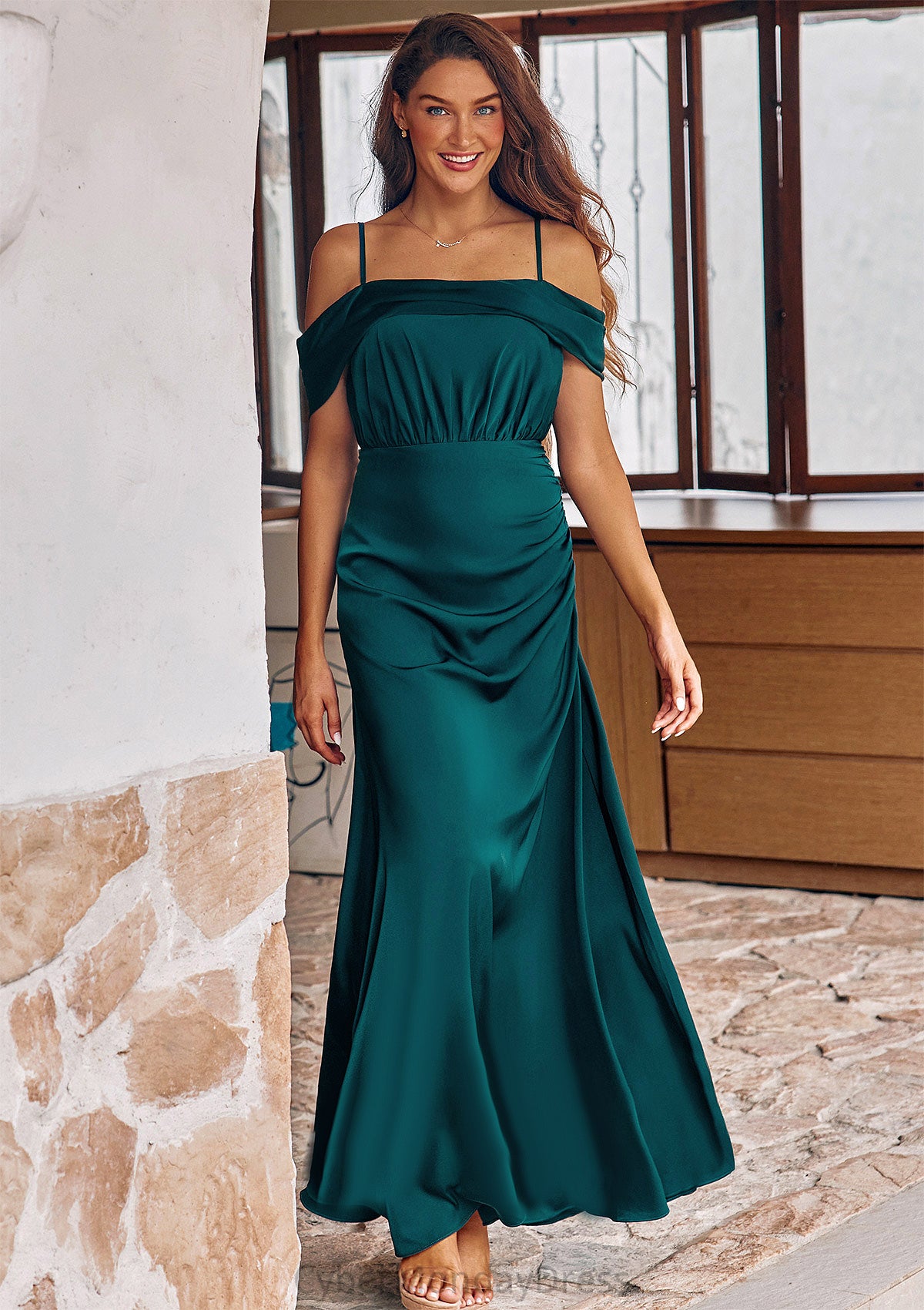 A-line Off-the-Shoulder Sleeveless Floor-Length Stretch Satin Bridesmaid Dresses with Pleated Jazlyn DTP0025243