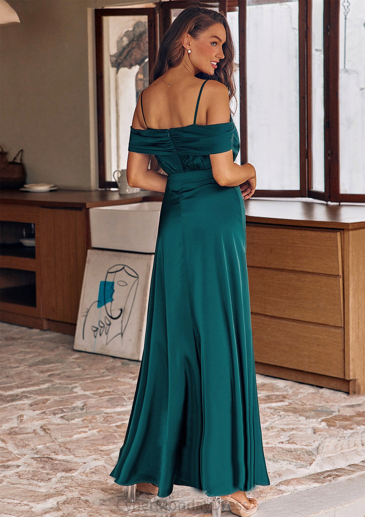 A-line Off-the-Shoulder Sleeveless Floor-Length Stretch Satin Bridesmaid Dresses with Pleated Jazlyn DTP0025243