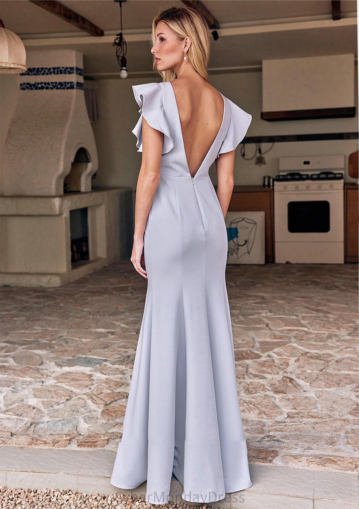 Trumpet/Mermaid Scoop Neck Short Sleeve Floor-Length Stretch Crepe Bridesmaid Dresses with Pleated Ruffles Maggie DTP0025244