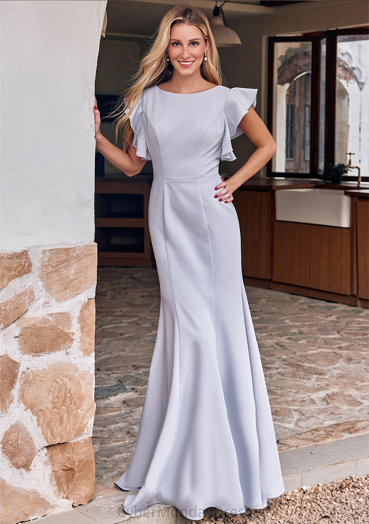 Trumpet/Mermaid Scoop Neck Short Sleeve Floor-Length Stretch Crepe Bridesmaid Dresses with Pleated Ruffles Maggie DTP0025244