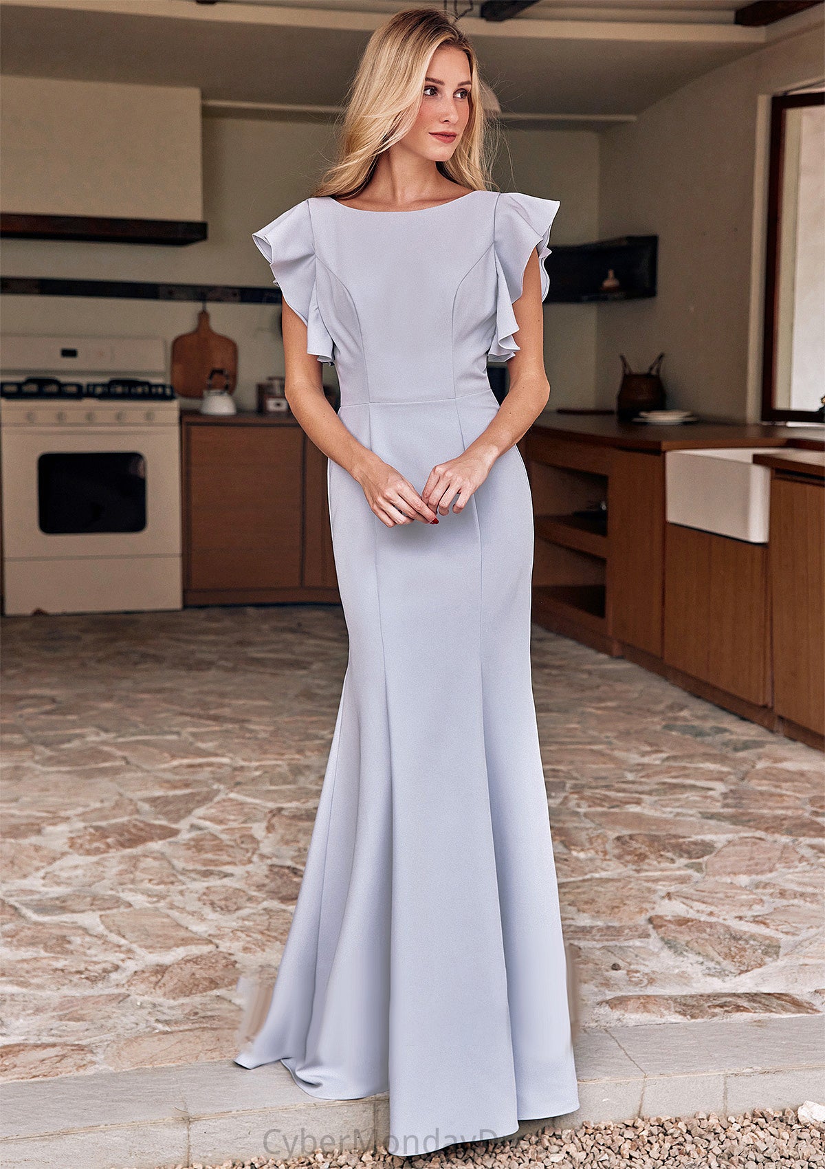 Trumpet/Mermaid Scoop Neck Short Sleeve Floor-Length Stretch Crepe Bridesmaid Dresses with Pleated Ruffles Maggie DTP0025244