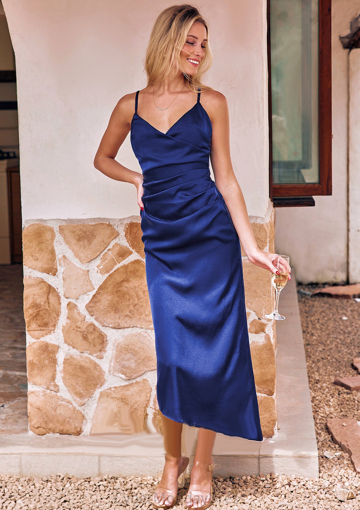 Sheath/Column V Neck Sleeveless Asymmetrical Stretch Satin Bridesmaid Dresses with Pleated Delilah DTP0025245