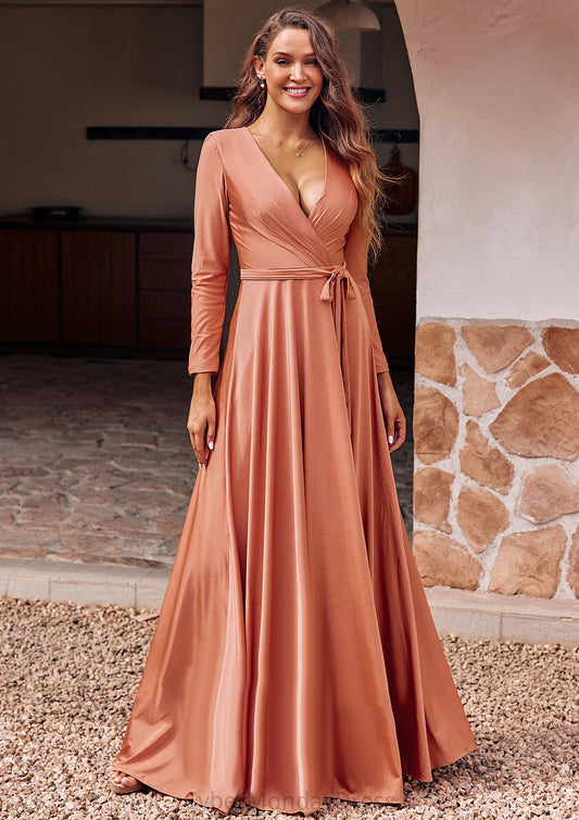 A-line V Neck Full/Long Sleeve Floor-Length Jersey Bridesmaid Dresses with Pleated Sashes Kaylynn DTP0025246