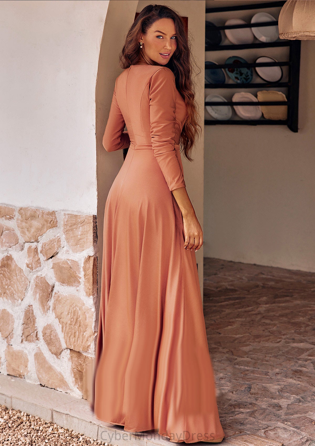 A-line V Neck Full/Long Sleeve Floor-Length Jersey Bridesmaid Dresses with Pleated Sashes Kaylynn DTP0025246