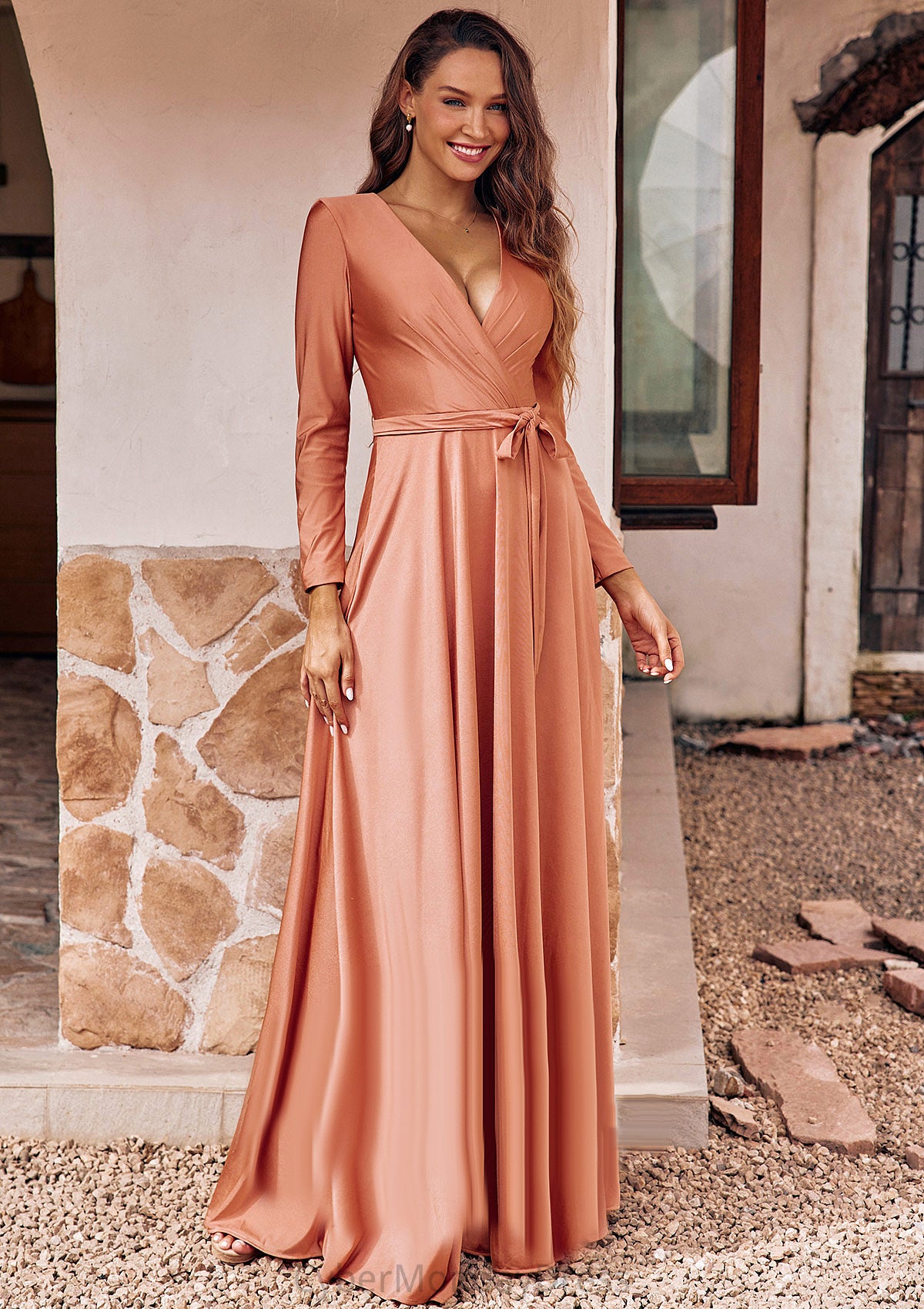 A-line V Neck Full/Long Sleeve Floor-Length Jersey Bridesmaid Dresses with Pleated Sashes Kaylynn DTP0025246