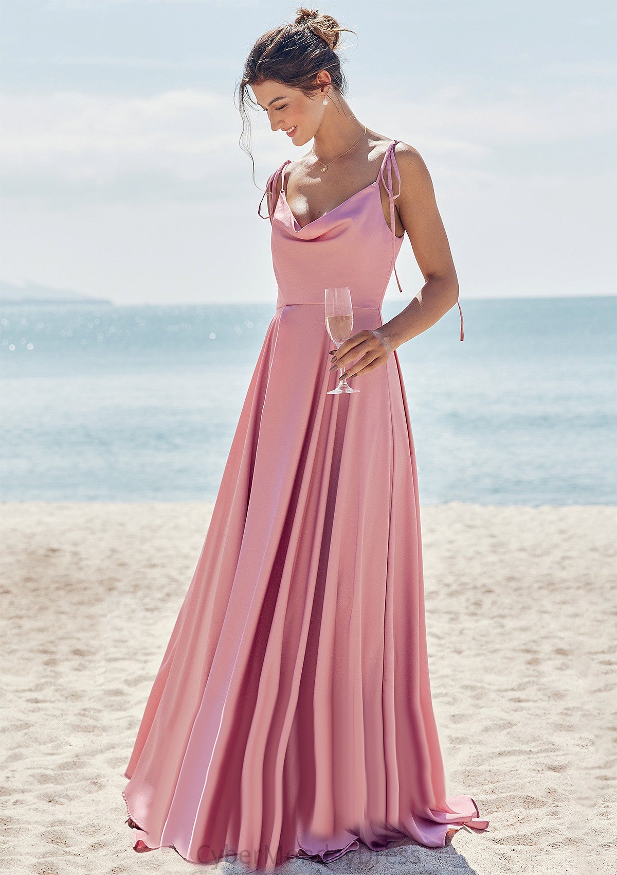 A-line V Neck Sleeveless Floor-Length Stretch Satin Bridesmaid Dresses with Split Shayla DTP0025247